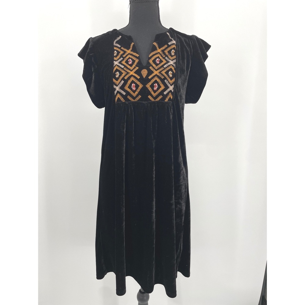 THML Velvet Dress Womens M Black Boho Embroidered V-Neck Shift Anthropologie